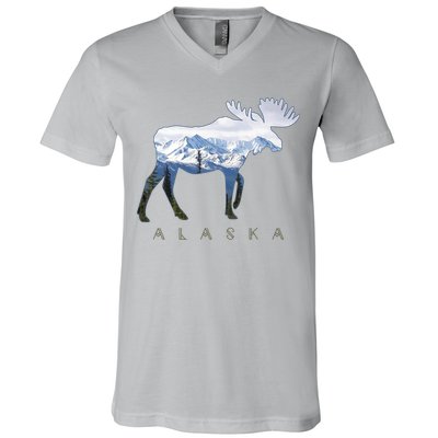 Alaska Day Moose Snowy Mountain Alaskan Tourist V-Neck T-Shirt