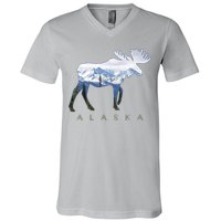 Alaska Day Moose Snowy Mountain Alaskan Tourist V-Neck T-Shirt
