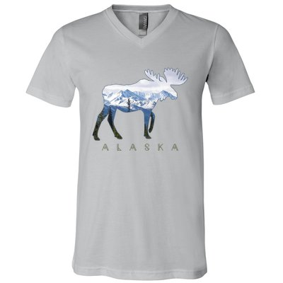 Alaska Day Moose Snowy Mountain Alaskan Tourist V-Neck T-Shirt