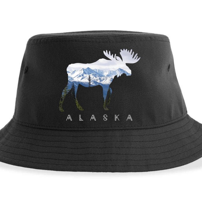 Alaska Day Moose Snowy Mountain Alaskan Tourist Or Resident Gift Sustainable Bucket Hat