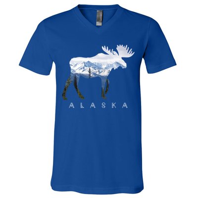 Alaska Day Moose Snowy Mountain Alaskan Tourist Or Resident Gift V-Neck T-Shirt