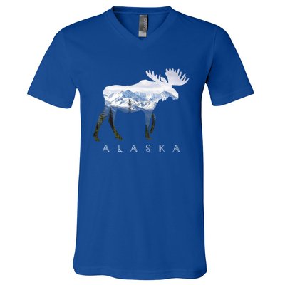 Alaska Day Moose Snowy Mountain Alaskan Tourist Or Resident Gift V-Neck T-Shirt