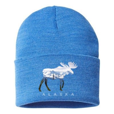 Alaska Day Moose Snowy Mountain Alaskan Tourist Or Resident Gift Sustainable Knit Beanie