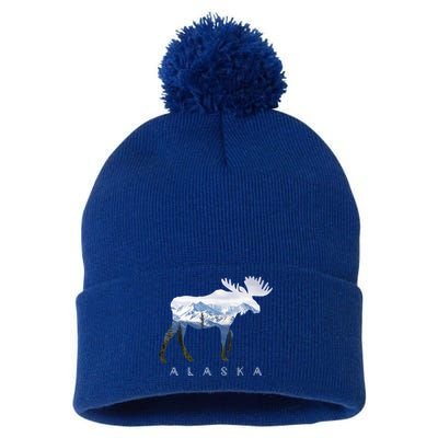 Alaska Day Moose Snowy Mountain Alaskan Tourist Or Resident Gift Pom Pom 12in Knit Beanie