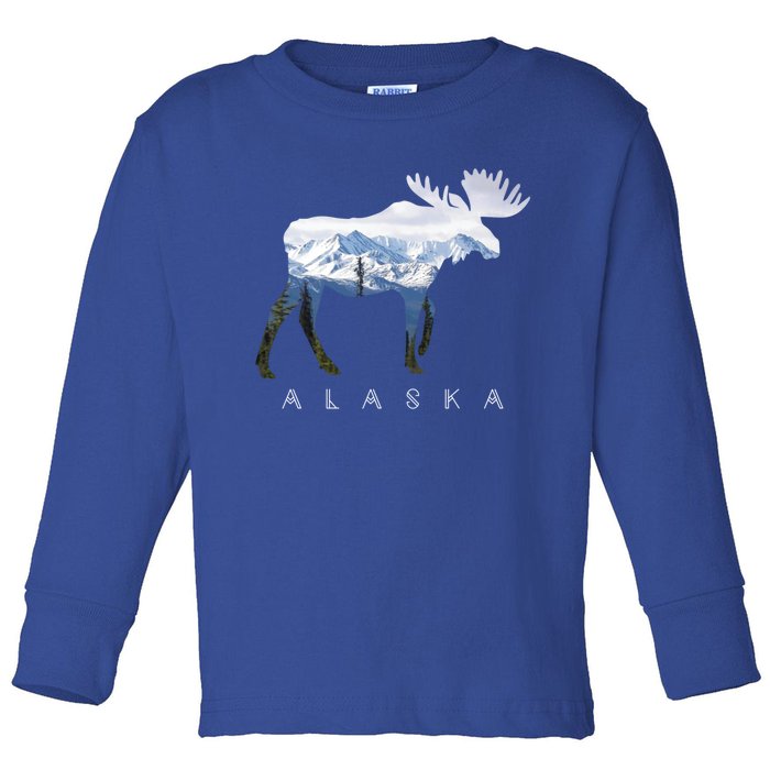 Alaska Day Moose Snowy Mountain Alaskan Tourist Or Resident Gift Toddler Long Sleeve Shirt