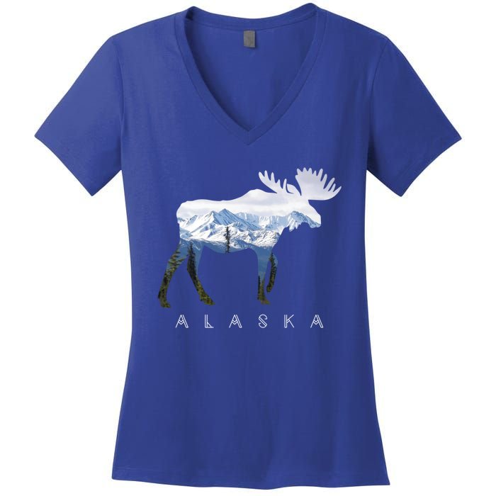 Alaska Day Moose Snowy Mountain Alaskan Tourist Or Resident Gift Women's V-Neck T-Shirt