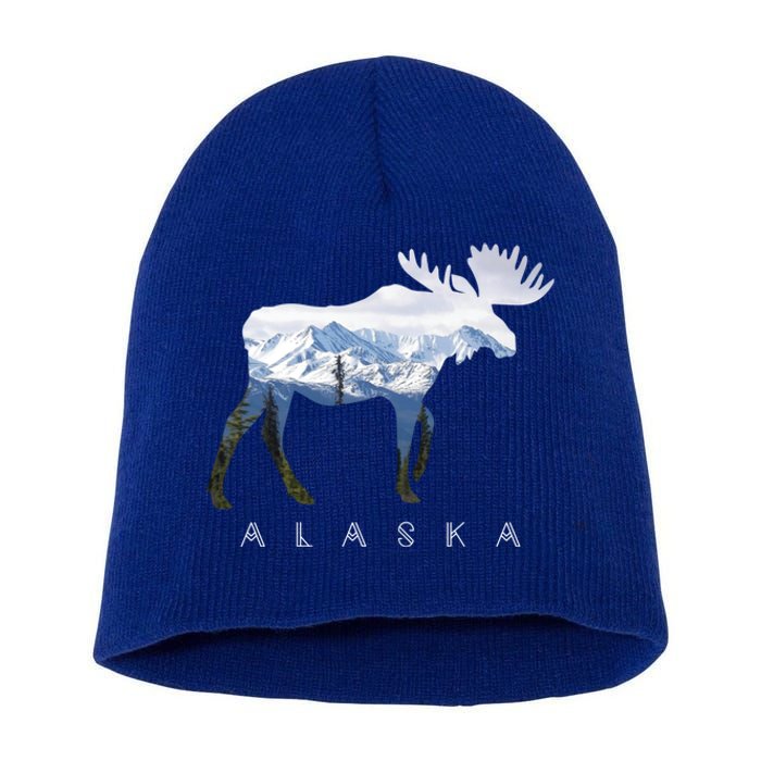 Alaska Day Moose Snowy Mountain Alaskan Tourist Or Resident Gift Short Acrylic Beanie