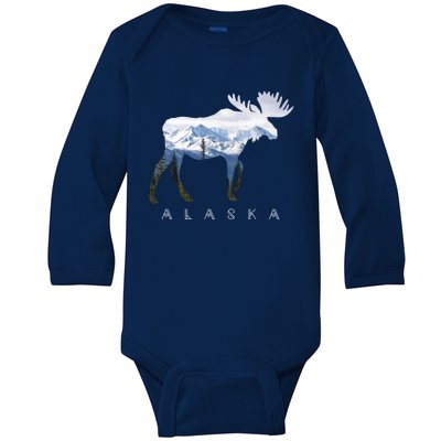 Alaska Day Moose Snowy Mountain Alaskan Tourist Or Resident Gift Baby Long Sleeve Bodysuit