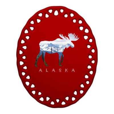 Alaska Day Moose Snowy Mountain Alaskan Tourist Or Resident Gift Ceramic Oval Ornament