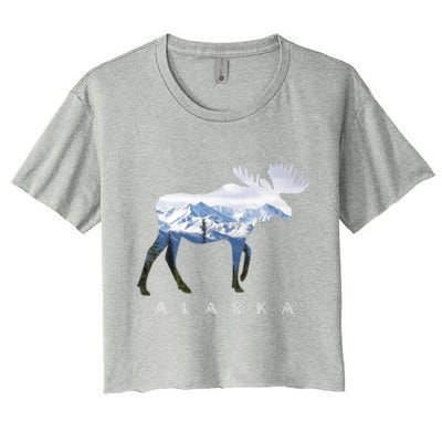 Alaska Day Moose Snowy Mountain Alaskan Tourist Or Resident Gift Women's Crop Top Tee