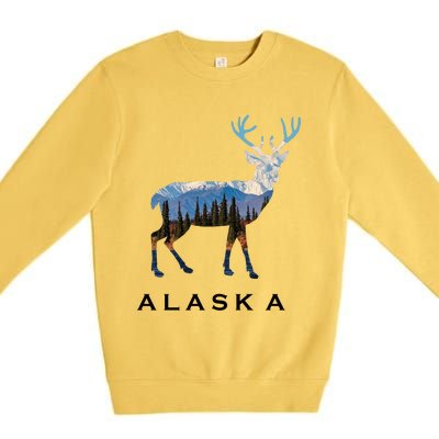 Alaska Day Moose Snowy Mountain Cute Gift Alaskan Tourist Gift Premium Crewneck Sweatshirt