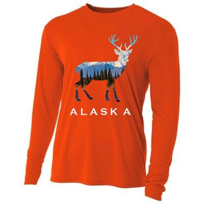 Alaska Day Moose Snowy Mountain Cute Gift Alaskan Tourist Gift Cooling Performance Long Sleeve Crew