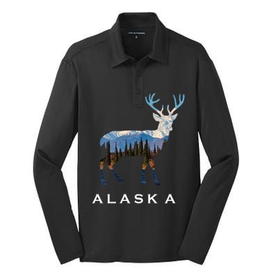 Alaska Day Moose Snowy Mountain Cute Gift Alaskan Tourist Gift Silk Touch Performance Long Sleeve Polo