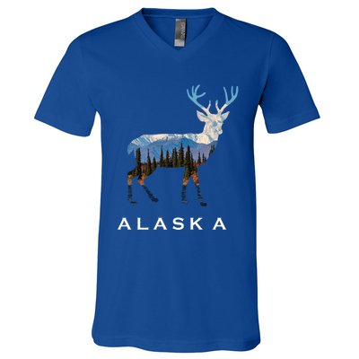 Alaska Day Moose Snowy Mountain Cute Gift Alaskan Tourist Gift V-Neck T-Shirt