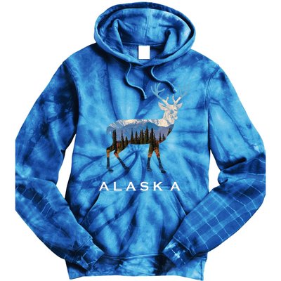 Alaska Day Moose Snowy Mountain Cute Gift Alaskan Tourist Gift Tie Dye Hoodie