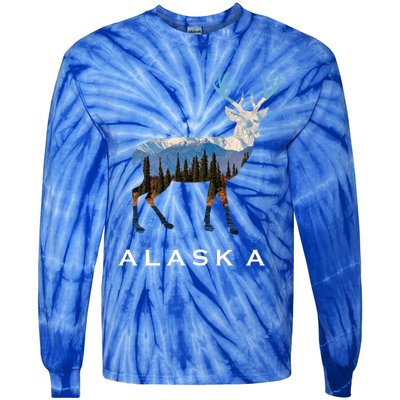 Alaska Day Moose Snowy Mountain Cute Gift Alaskan Tourist Gift Tie-Dye Long Sleeve Shirt