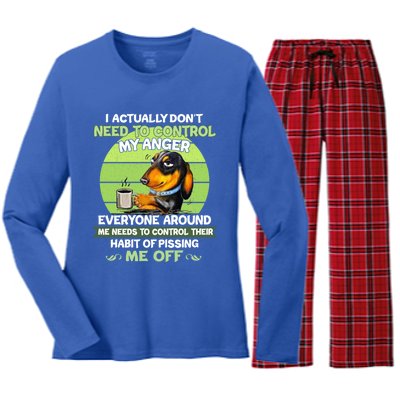 Actually Dont Need To Control My Anger Funny Dachshund Women's Long Sleeve Flannel Pajama Set 