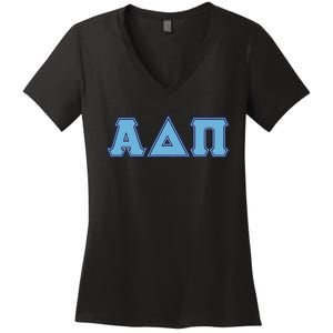 Alpha Delta Pi Adelphean Blue Letters Sorority Adpi Greek Women's V-Neck T-Shirt