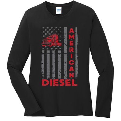 American Diesel Patriotic Flag Trucking Life Usa Truck Fan Ladies Long Sleeve Shirt