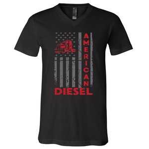 American Diesel Patriotic Flag Trucking Life Usa Truck Fan V-Neck T-Shirt