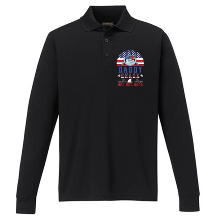 American Daddy Shark Doo Doo Doo America 4Th Of July Performance Long Sleeve Polo