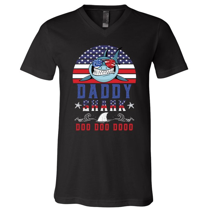 American Daddy Shark Doo Doo Doo America 4Th Of July V-Neck T-Shirt