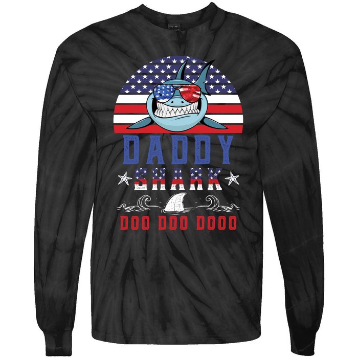 American Daddy Shark Doo Doo Doo America 4Th Of July Tie-Dye Long Sleeve Shirt