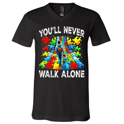 Autism Dad Support Alone Puzzle You'll Never Walk Alone  V-Neck T-Shirt