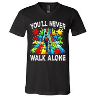 Autism Dad Support Alone Puzzle You'll Never Walk Alone  V-Neck T-Shirt
