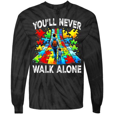 Autism Dad Support Alone Puzzle You'll Never Walk Alone  Tie-Dye Long Sleeve Shirt