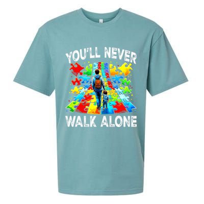 Autism Dad Support Alone Puzzle You'll Never Walk Alone  Sueded Cloud Jersey T-Shirt