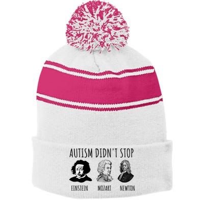 Autism Didn't Stop Einstein Mozart Newton Inspirational Autism Awareness Month Stripe Pom Pom Beanie
