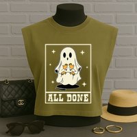 All Done Sign Language Speech Halloween Ghost Teacher Sped Garment-Dyed Women's Muscle Tee