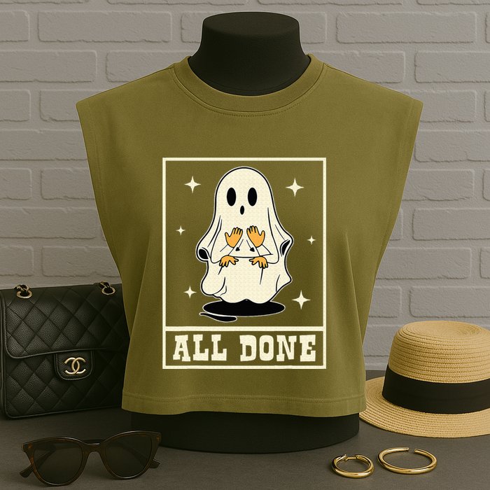 All Done Sign Language Speech Halloween Ghost Teacher Sped Garment-Dyed Women's Muscle Tee