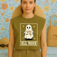 All Done Sign Language Speech Halloween Ghost Teacher Sped Garment-Dyed Women's Muscle Tee