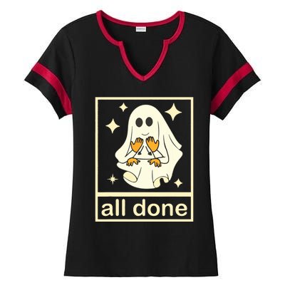 All Done Sign Language Speech Pathology Ghost Fall Halloween Ladies Halftime Notch Neck Tee