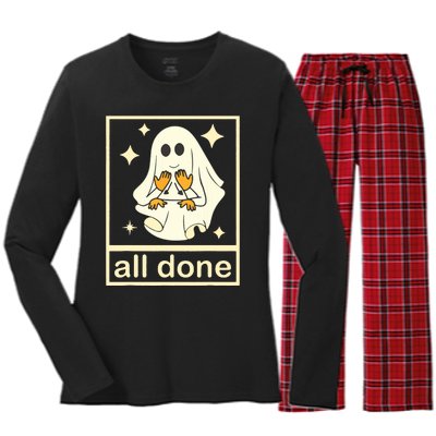 All Done Sign Language Speech Pathology Ghost Fall Halloween Women's Long Sleeve Flannel Pajama Set 