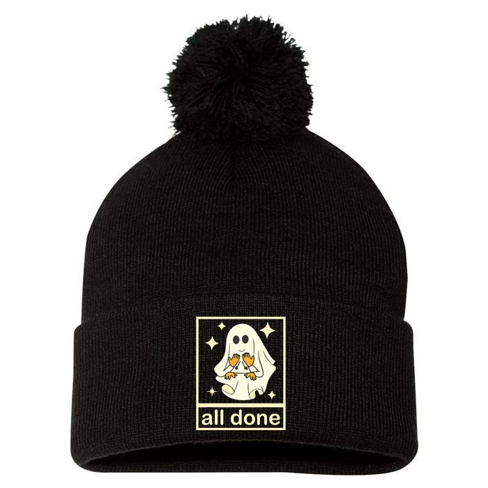 All Done Sign Language Speech Pathology Ghost Fall Halloween Pom Pom 12in Knit Beanie