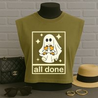 All Done Sign Language Speech Pathology Ghost Fall Halloween Garment-Dyed Women's Muscle Tee