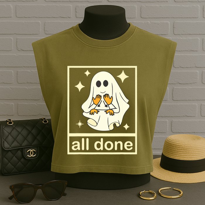 All Done Sign Language Speech Pathology Ghost Fall Halloween Garment-Dyed Women's Muscle Tee