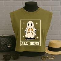 All Done Sign Language Speech Halloween Ghost Teacher Sped Garment-Dyed Women's Muscle Tee