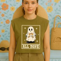 All Done Sign Language Speech Halloween Ghost Teacher Sped Garment-Dyed Women's Muscle Tee