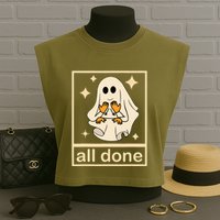 All Done Sign Language Speech Pathology Ghost Fall Halloween Garment-Dyed Women's Muscle Tee