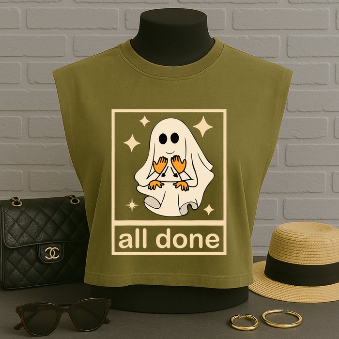 All Done Sign Language Speech Pathology Ghost Fall Halloween Garment-Dyed Women's Muscle Tee