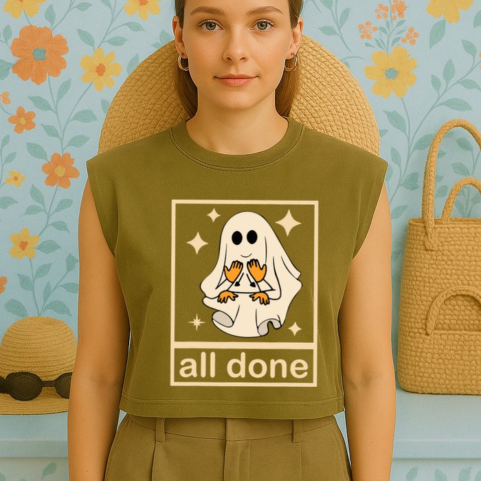All Done Sign Language Speech Pathology Ghost Fall Halloween Garment-Dyed Women's Muscle Tee