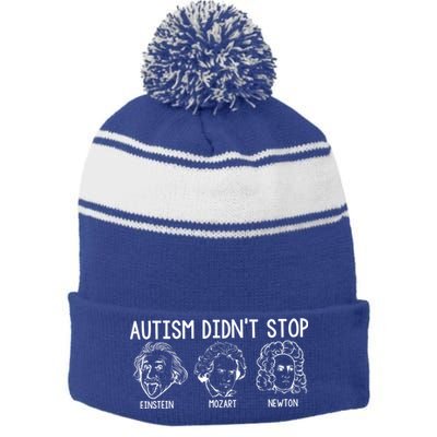 Autism Didn't Stop Einstein Mozart Newton Autism Awareness Stripe Pom Pom Beanie