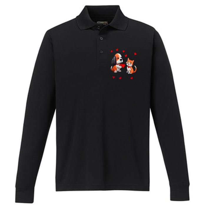 A Dog That Offers A Red Heart For Me A Cat On A Valentine Performance Long Sleeve Polo