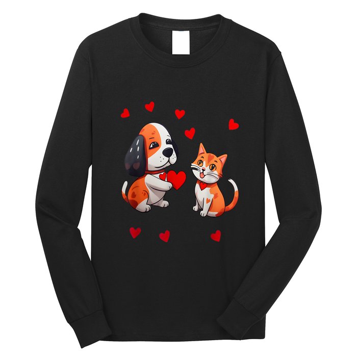 A Dog That Offers A Red Heart For Me A Cat On A Valentine Long Sleeve Shirt