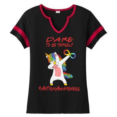 Autism Dabbing Unicorn Infinity Dare To Be Yourself Gift Ladies Halftime Notch Neck Tee