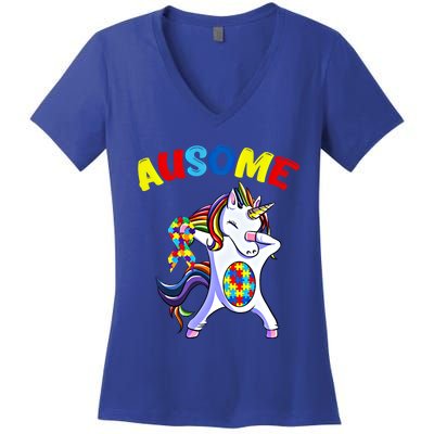 Autism Dabbing Unicorn Ausome Autism Puzzle Awesome Unicorn Great Gift Women's V-Neck T-Shirt